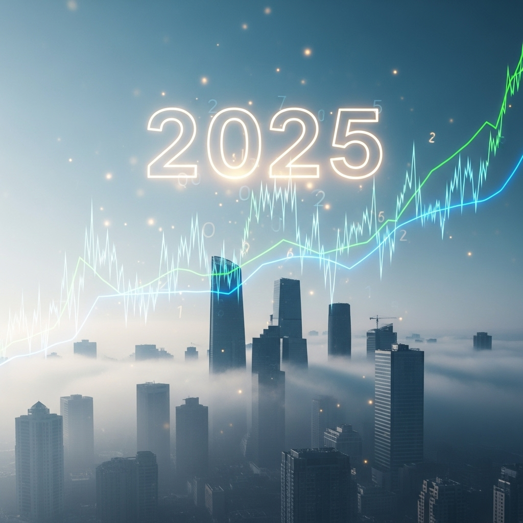2025년 투자 시장 전망을 나타내는 금융 그래프와 미래 지향적인 도시의 모습